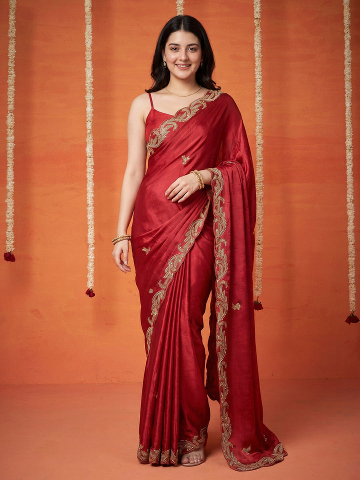 Rani Embroidered Chinon Saree