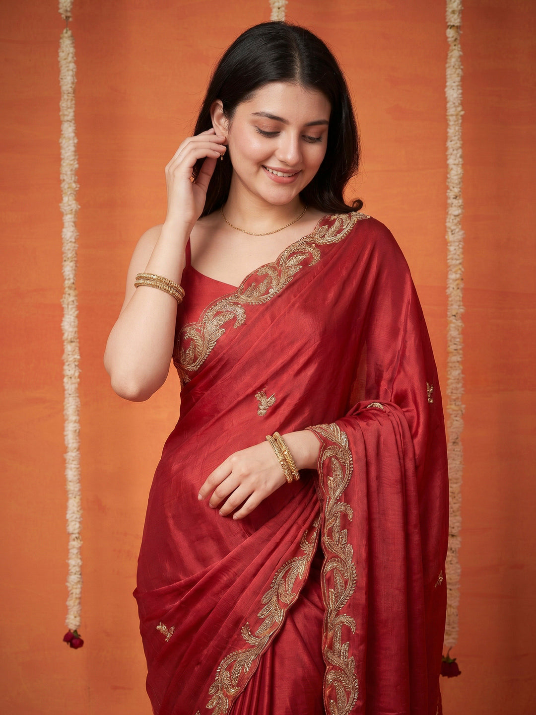 Rani Embroidered Chinon Saree