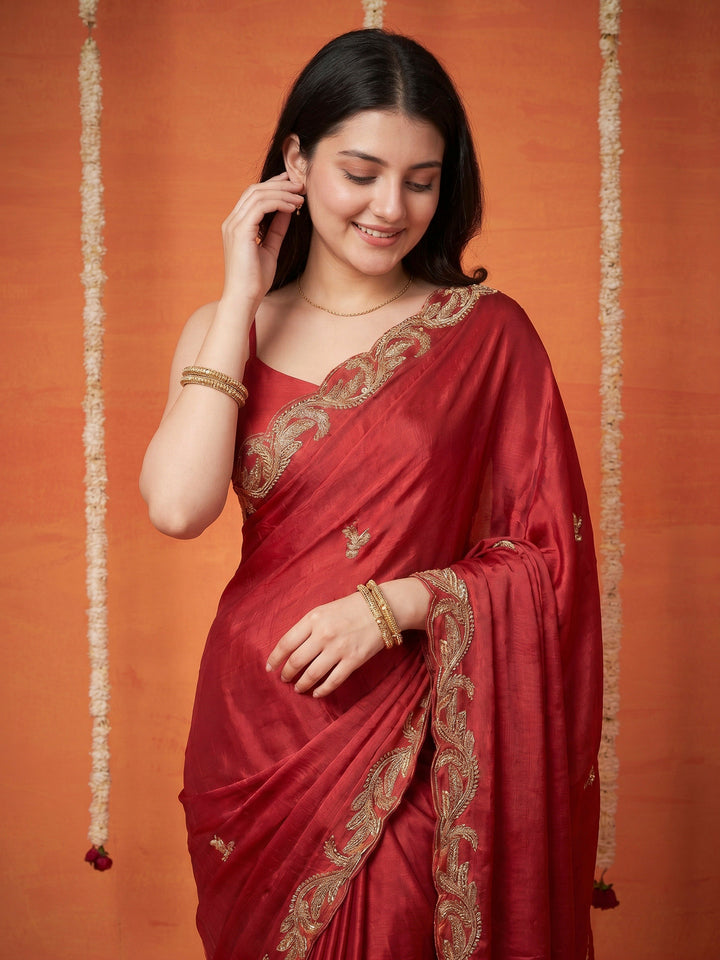 Rani Embroidered Chinon Saree