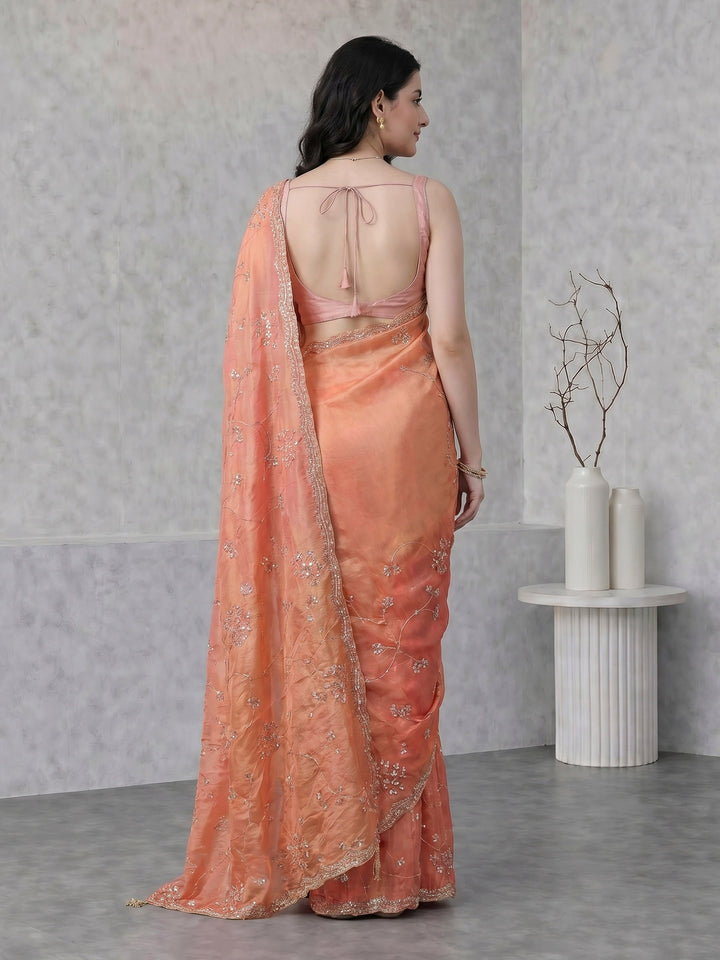 Peach Embroidered Tissue Saree