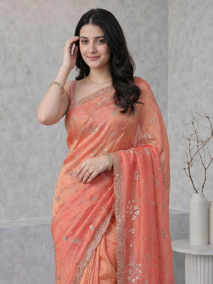 Peach Embroidered Tissue Saree