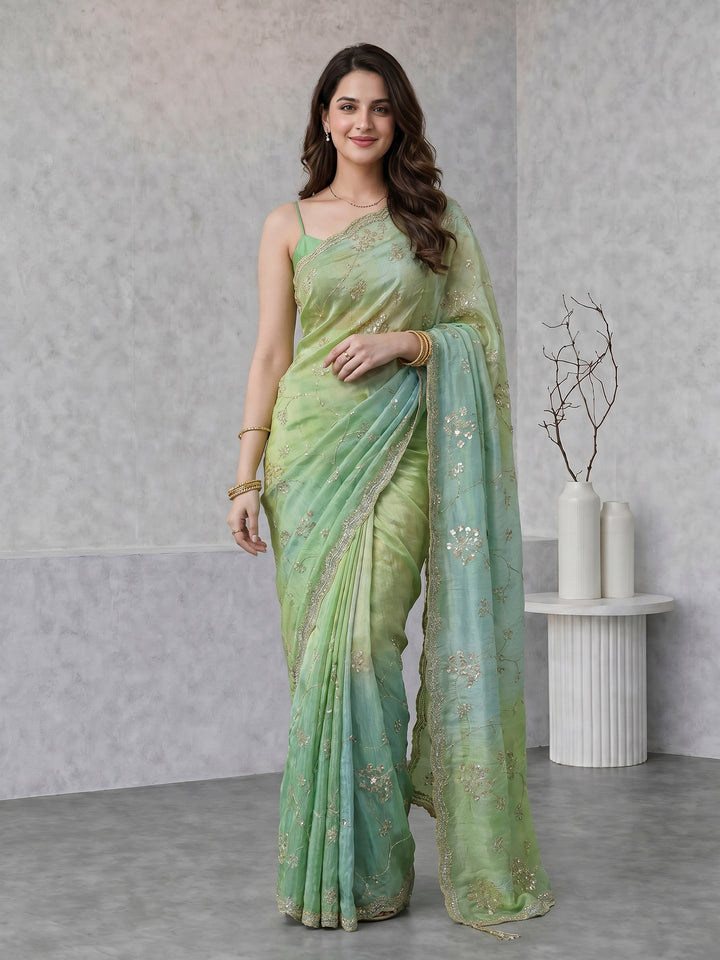 Pista Green Embroidered Tissue Saree