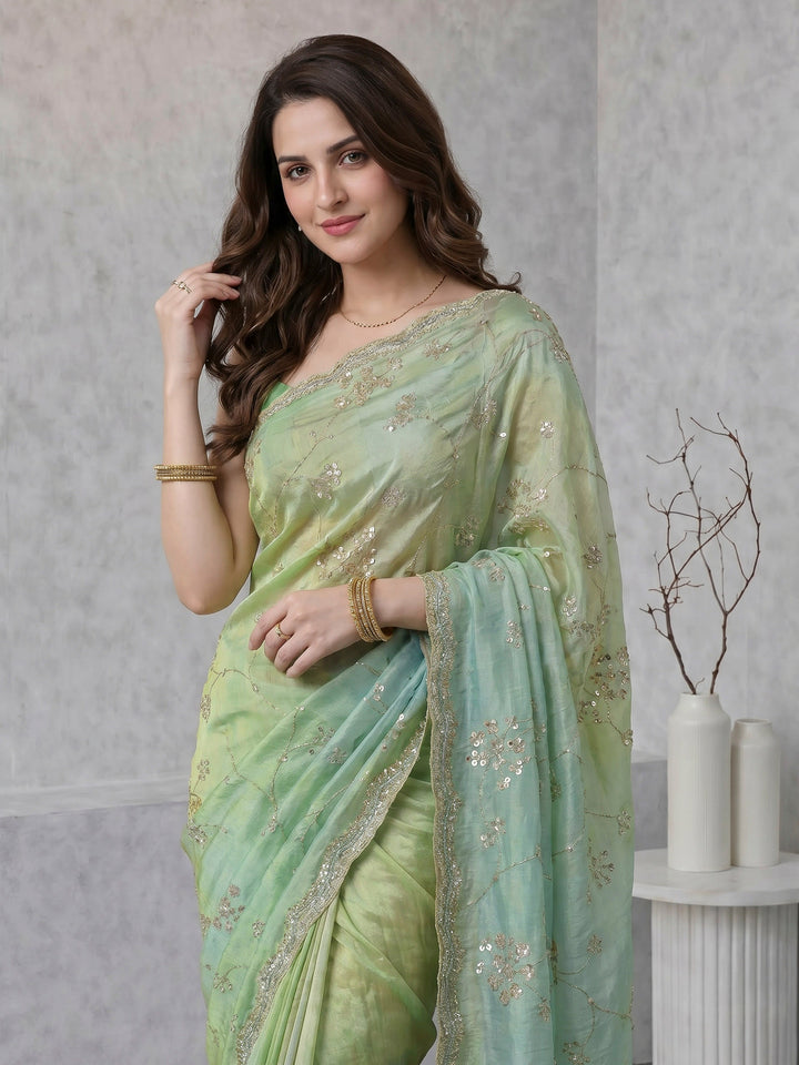 Pista Green Embroidered Tissue Saree
