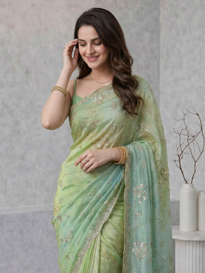 Pista Green Embroidered Tissue Saree