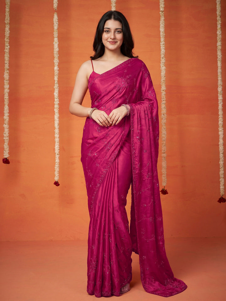 Rani Embroidered Satin Saree