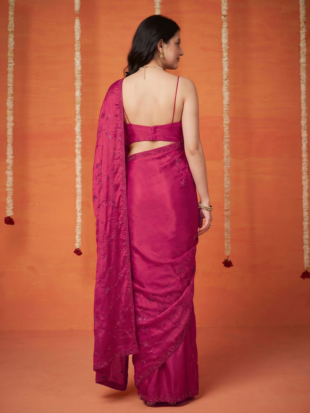 Rani Embroidered Satin Saree