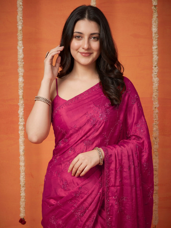 Rani Embroidered Satin Saree