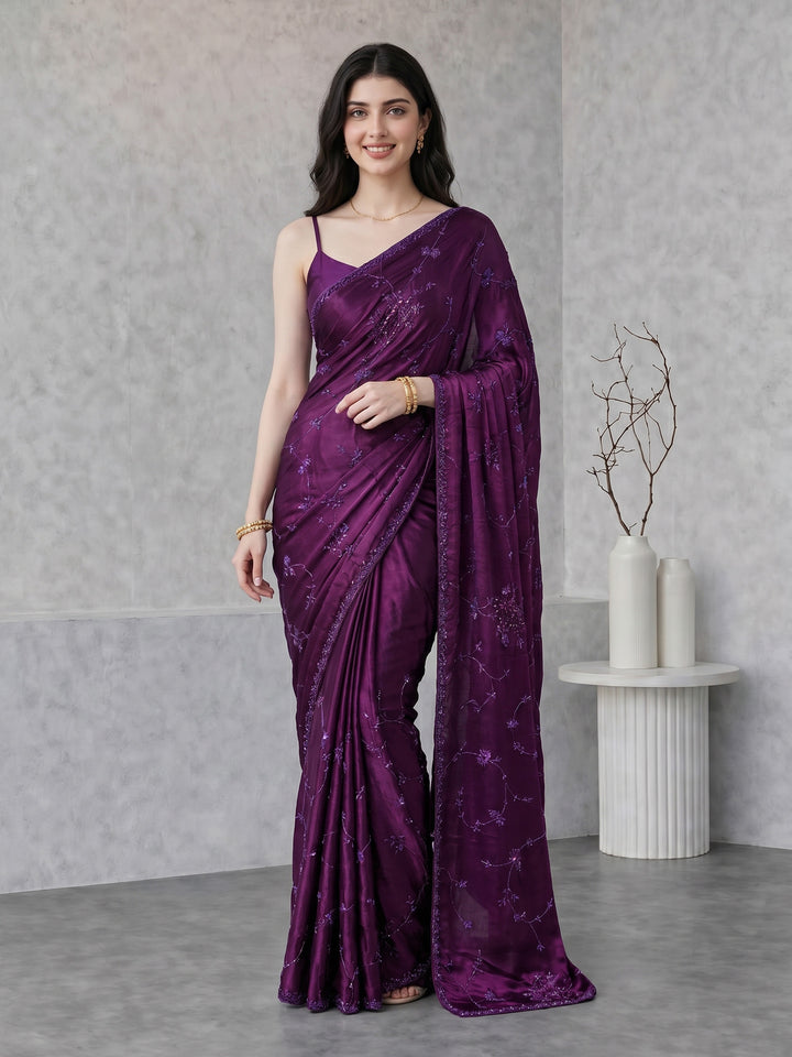 Wine Embroidered Satin Saree