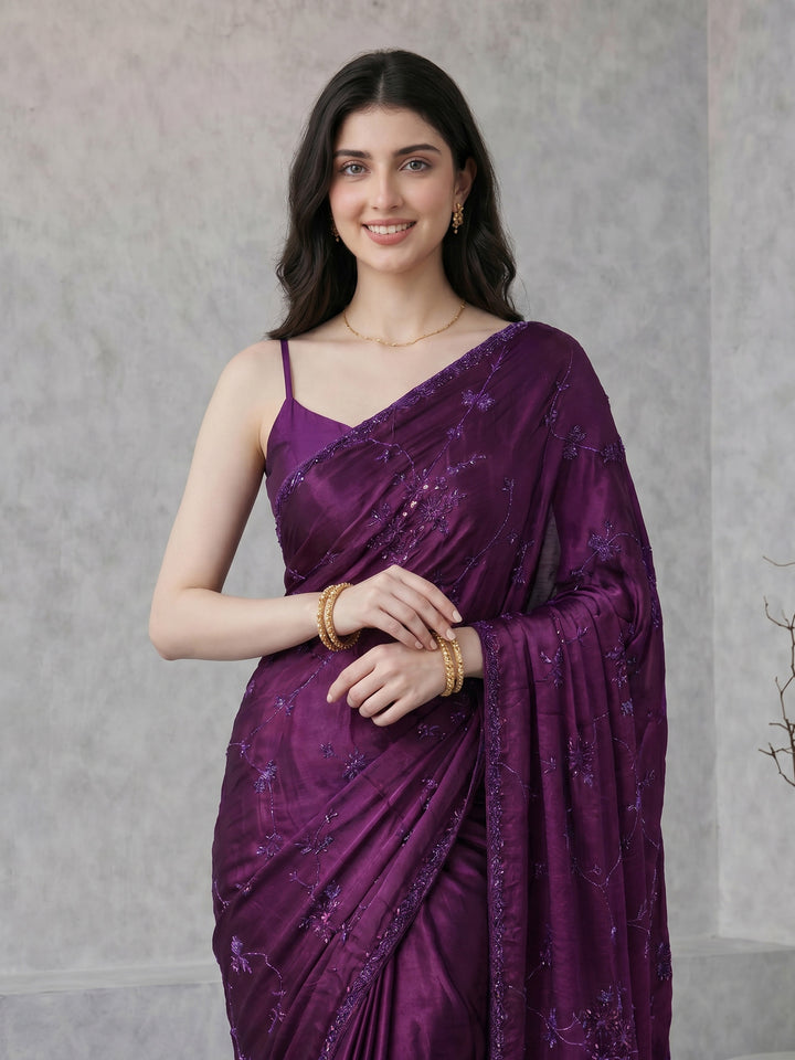 Wine Embroidered Satin Saree