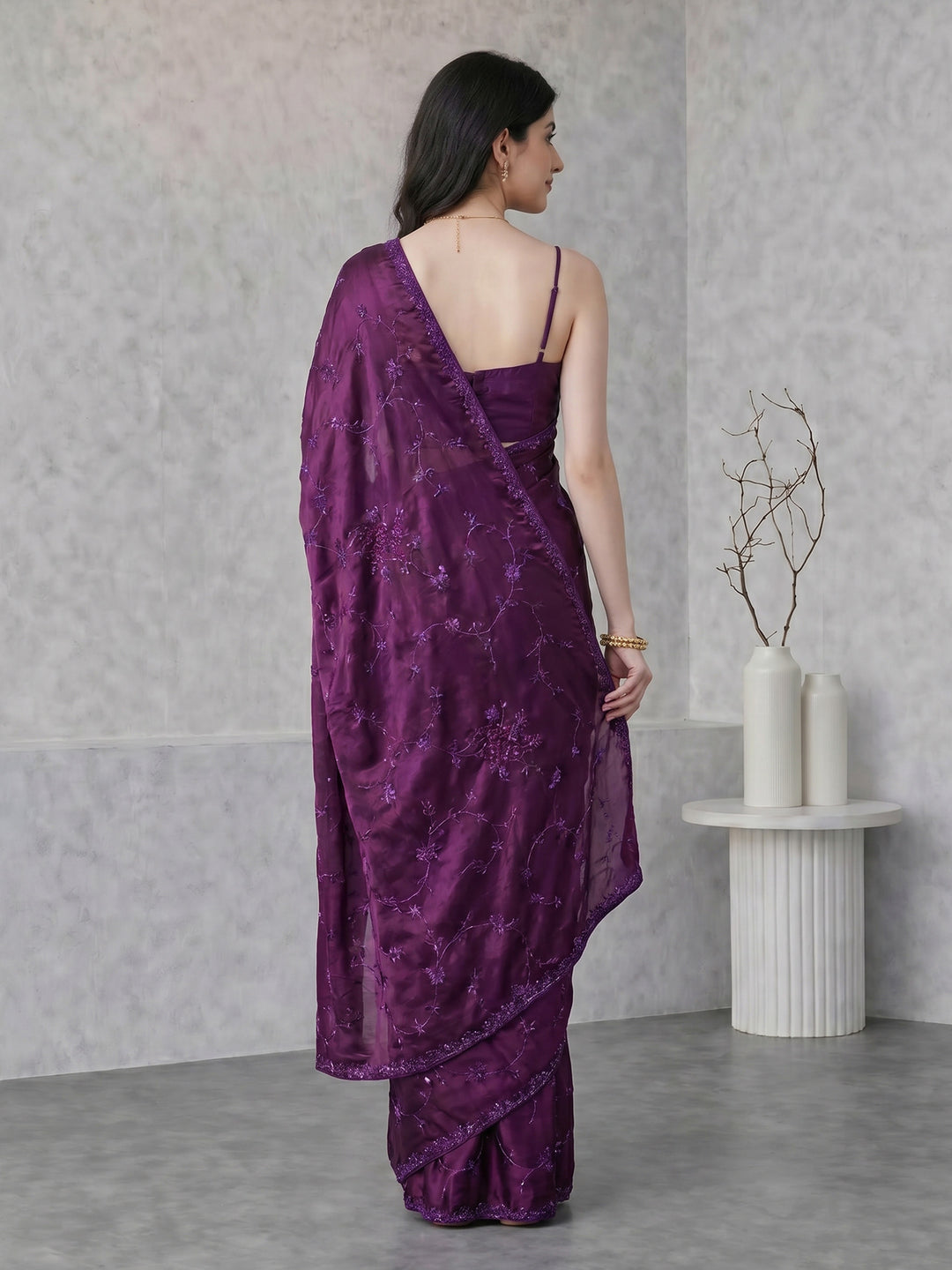 Wine Embroidered Satin Saree