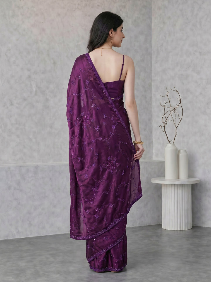 Wine Embroidered Satin Saree