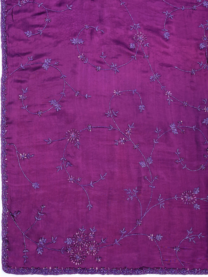 Wine Embroidered Satin Saree