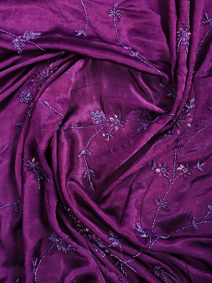 Wine Embroidered Satin Saree