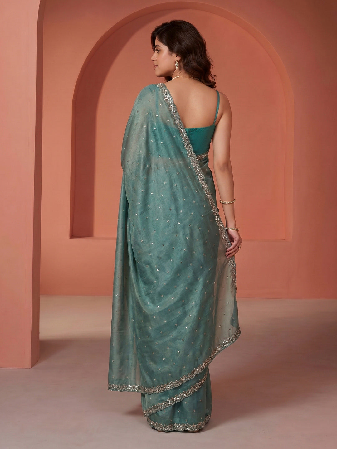 Sea Green Embroidered Tissue Saree