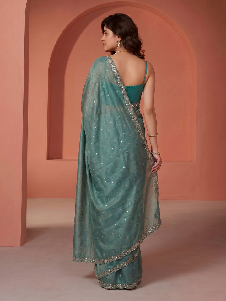 Sea Green Embroidered Tissue Saree