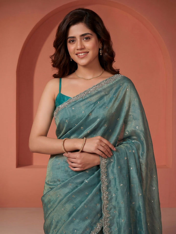 Sea Green Embroidered Tissue Saree