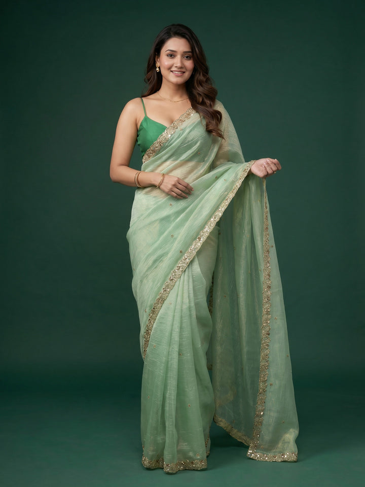 Pista Green Embroidered Organza Saree