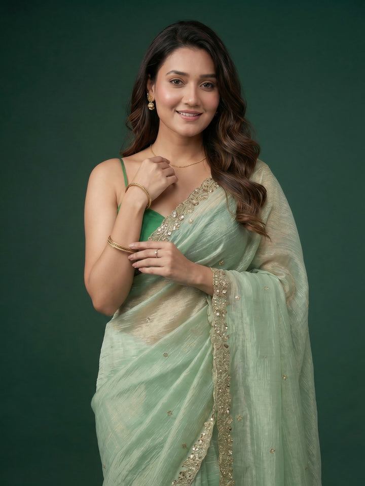 Pista Green Embroidered Organza Saree