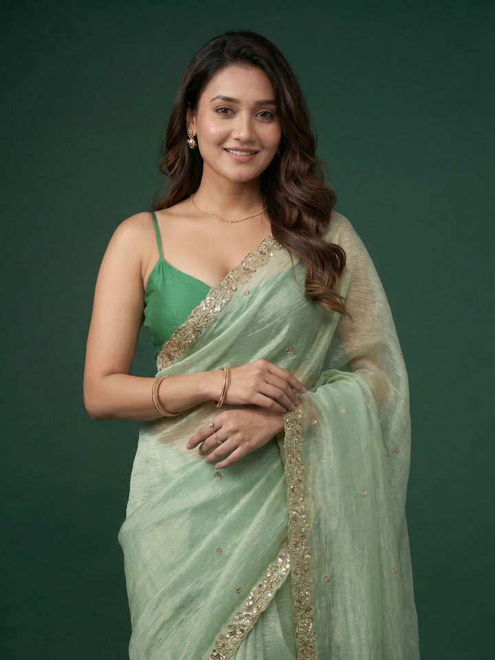 Pista Green Embroidered Organza Saree