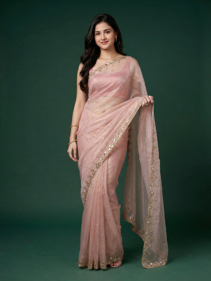 Peach Lt Embroidered Tissue Saree