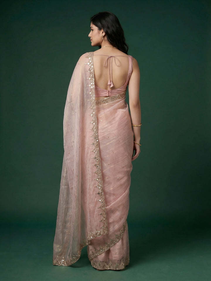 Peach Lt Embroidered Tissue Saree