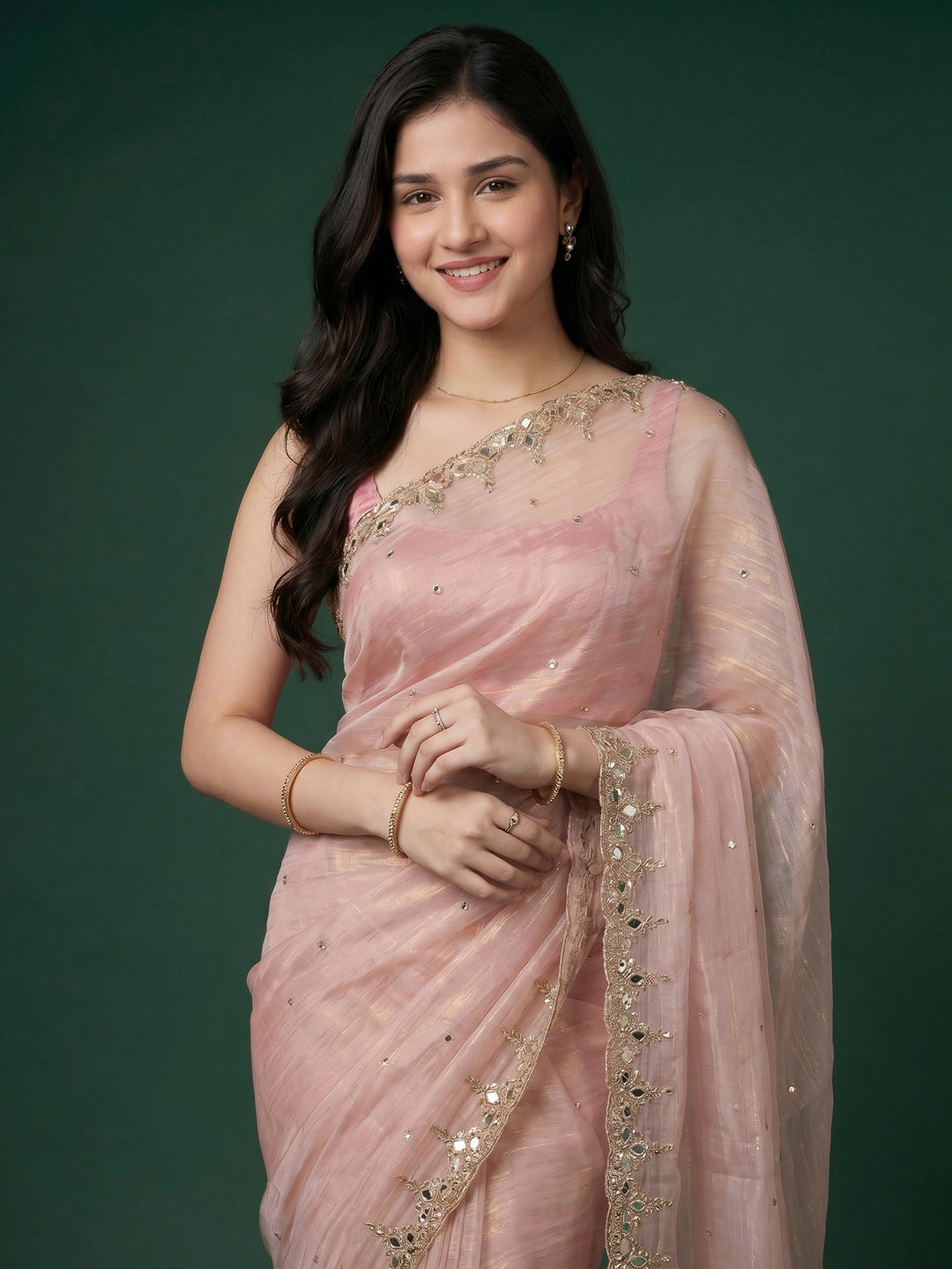 Peach Lt Embroidered Tissue Saree
