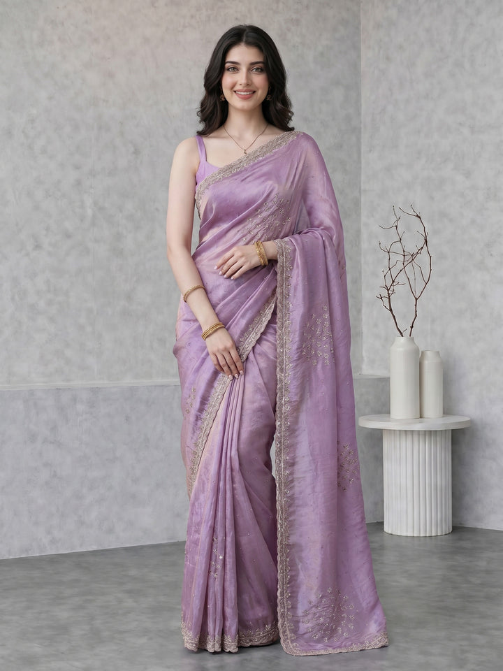 Lavender Embroidered Tissue Saree
