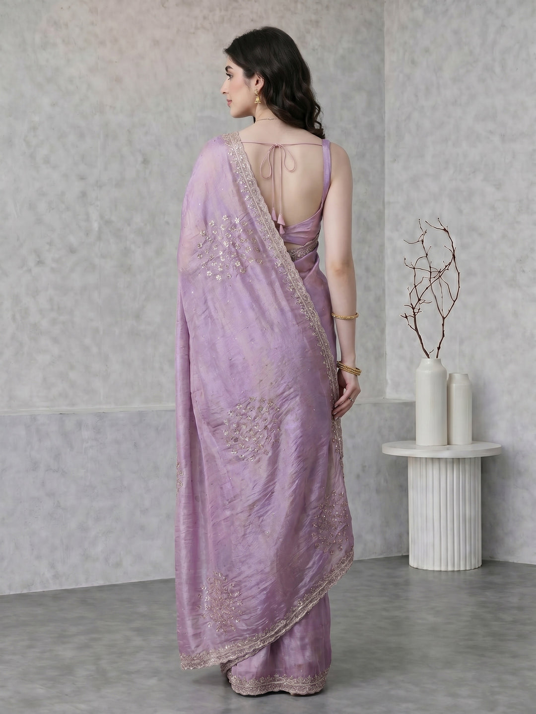 Lavender Embroidered Tissue Saree