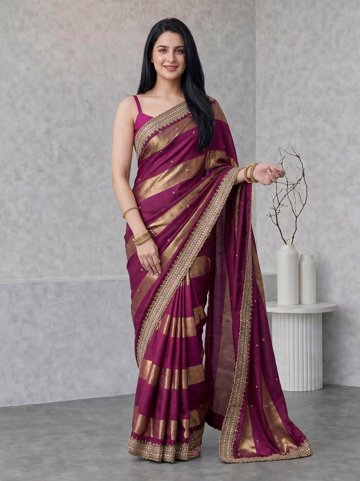 Wine Embroidered Satin Saree