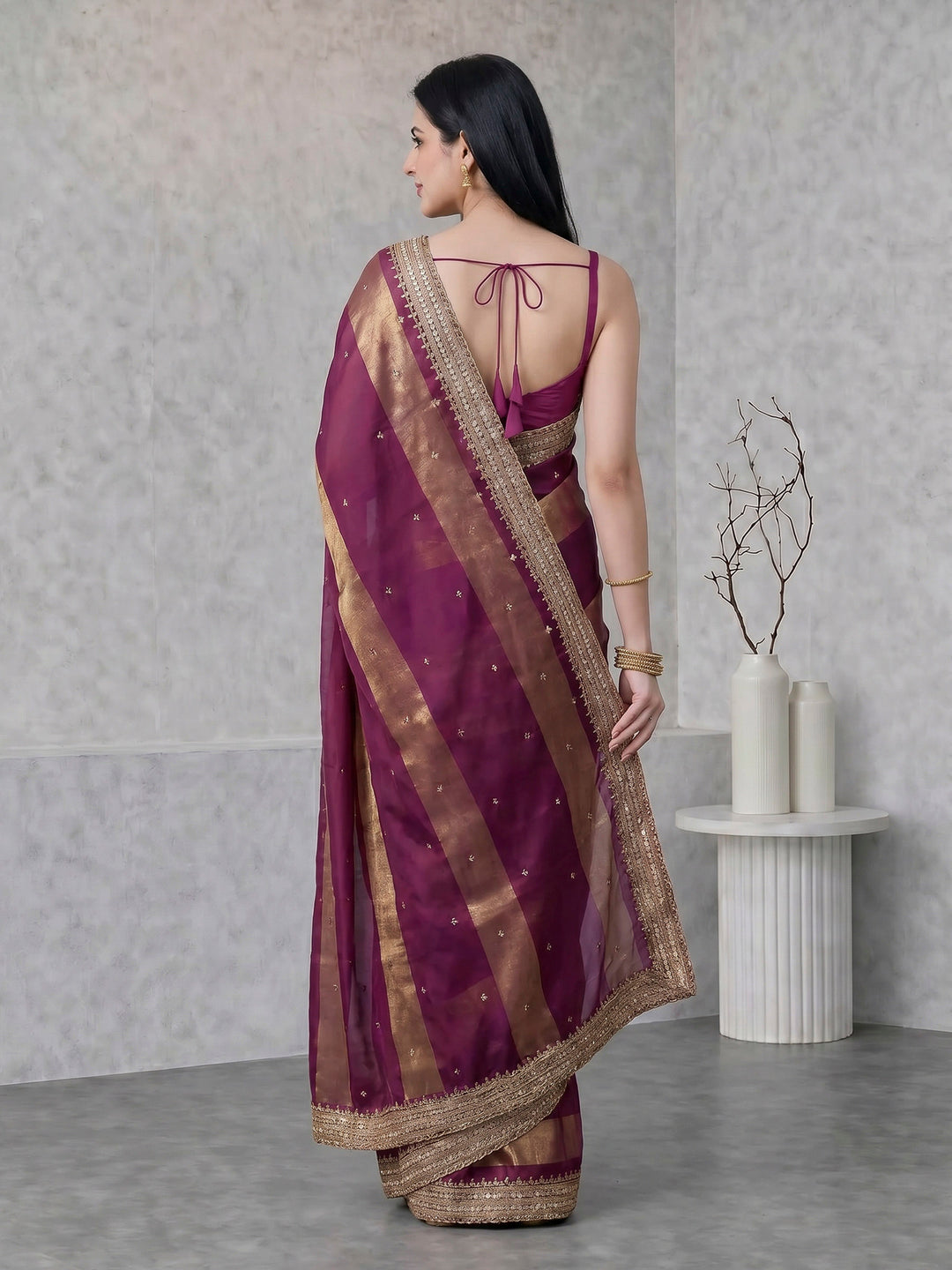 Wine Embroidered Satin Saree