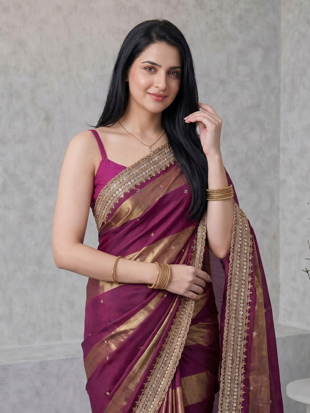 Wine Embroidered Satin Saree