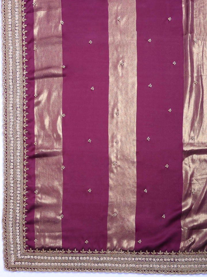 Wine Embroidered Satin Saree