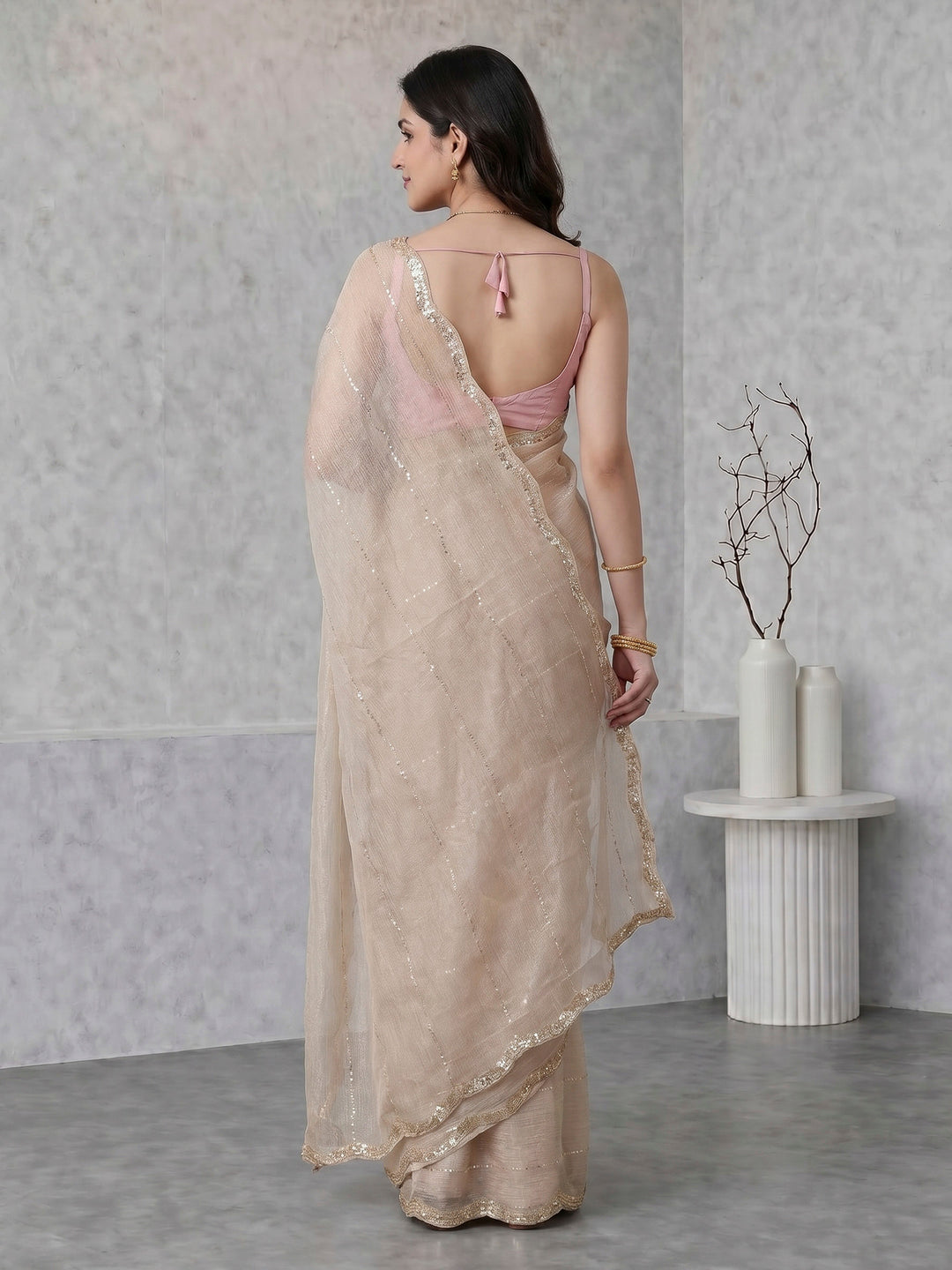Beige Embroidered Organza Saree