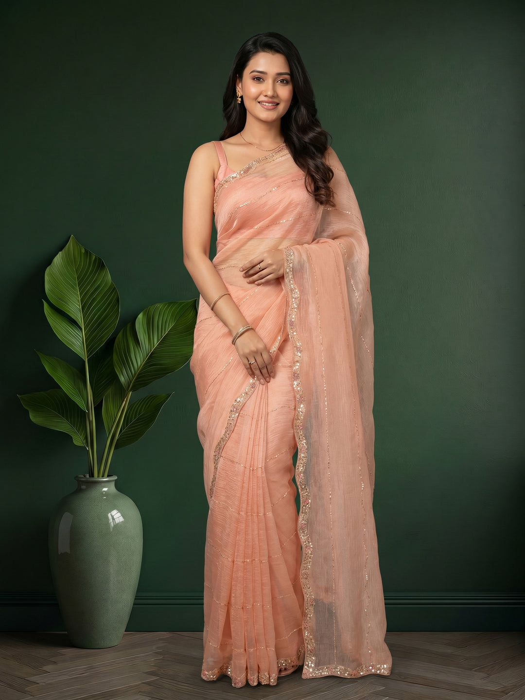 Peach Embroidered Organza Saree