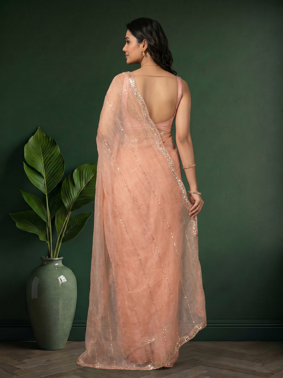 Peach Embroidered Organza Saree