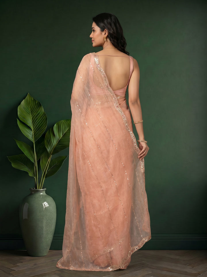 Peach Embroidered Organza Saree