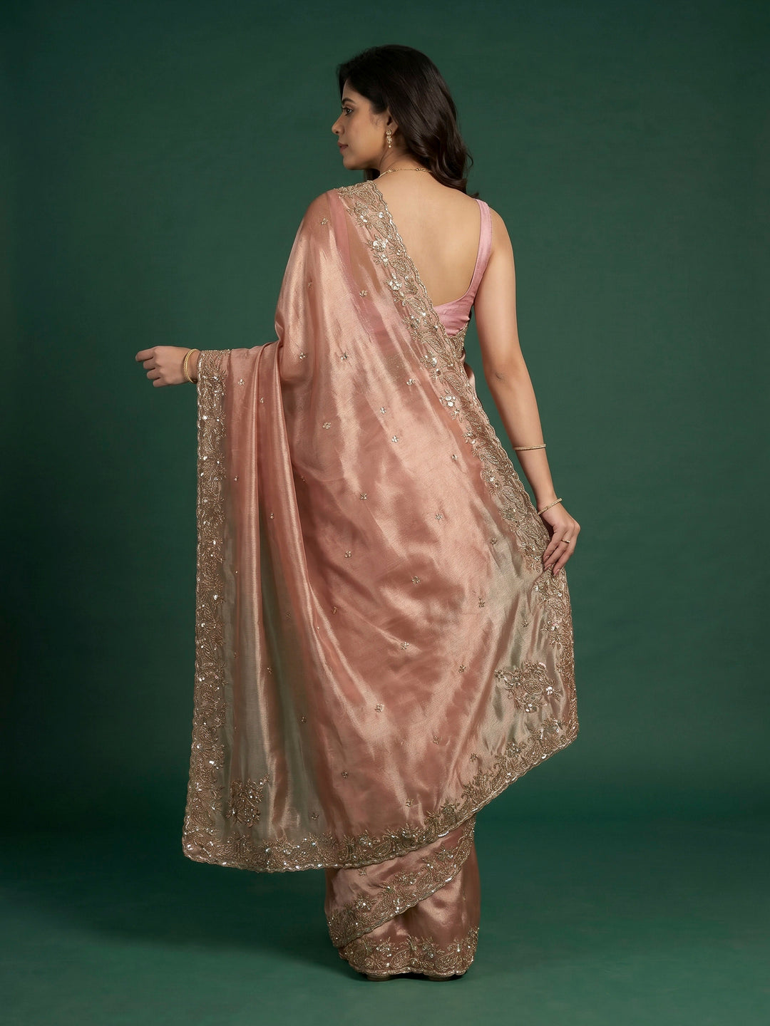 Dusty Pink Embroidered Tissue Saree