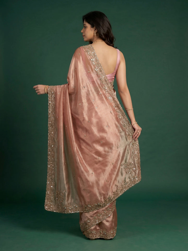 Dusty Pink Embroidered Tissue Saree