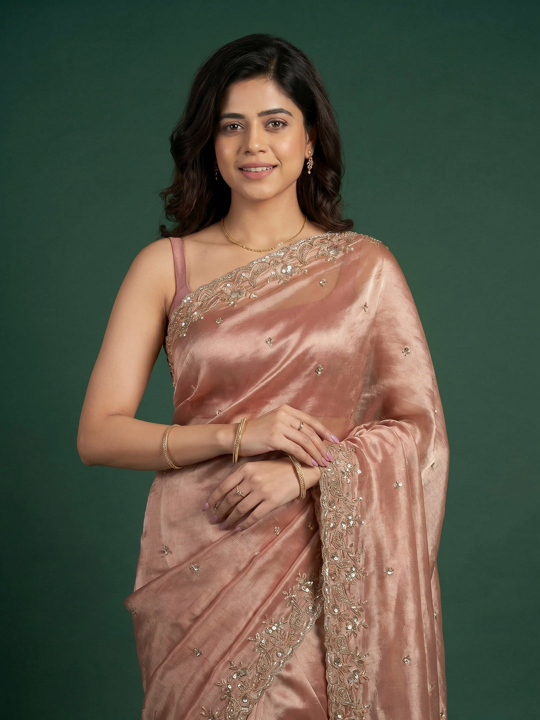 Dusty Pink Embroidered Tissue Saree