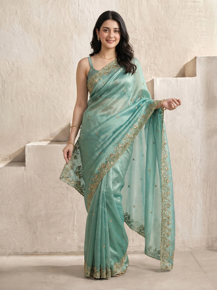 Sea Green Embroidered Tissue Saree