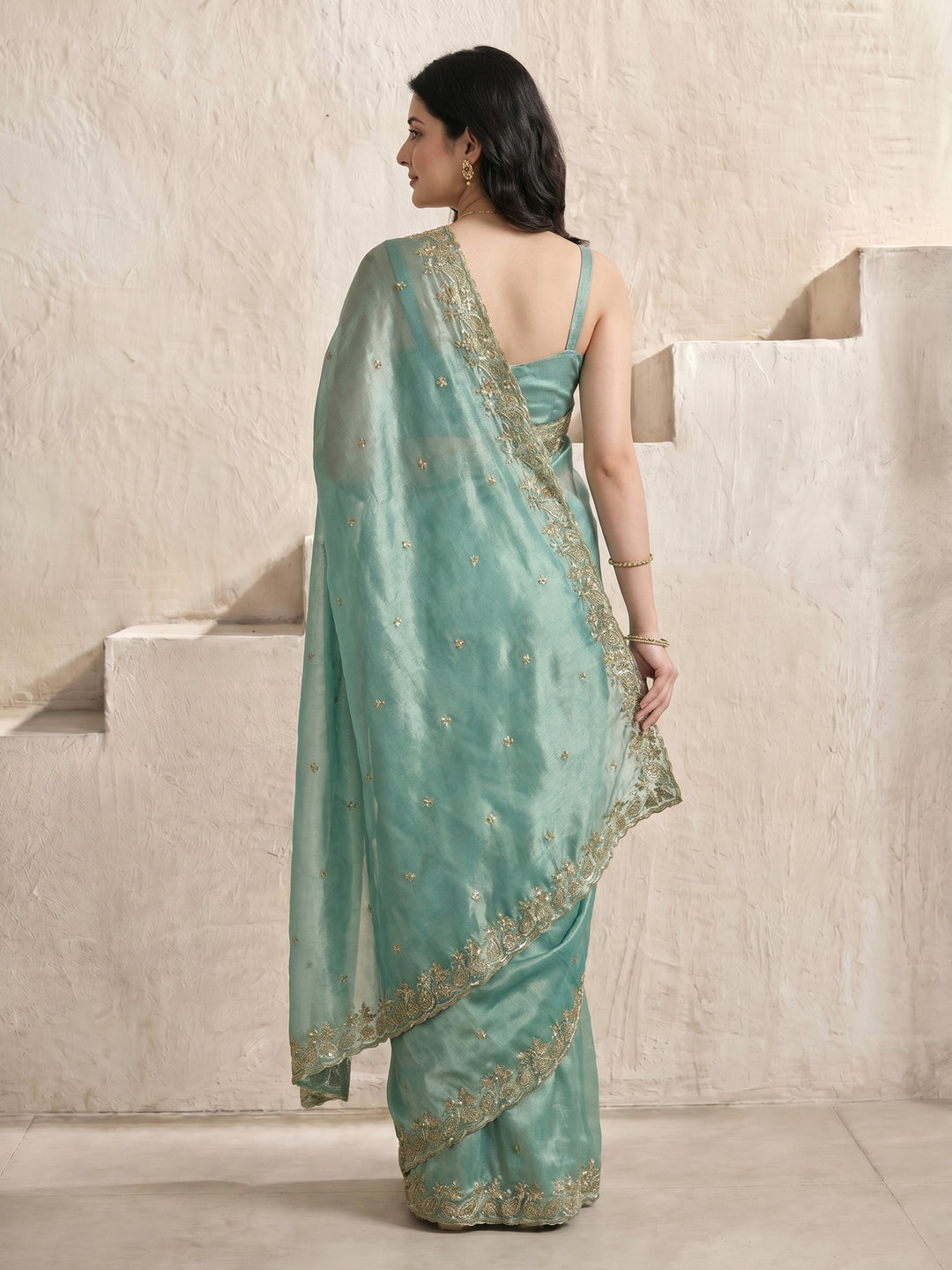 Sea Green Embroidered Tissue Saree