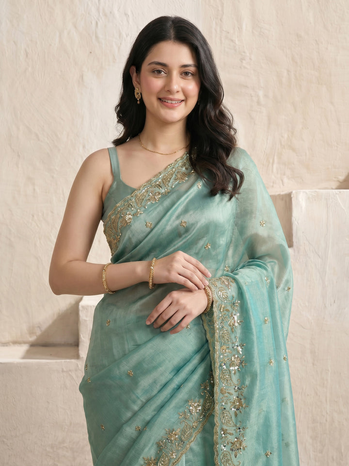 Sea Green Embroidered Tissue Saree