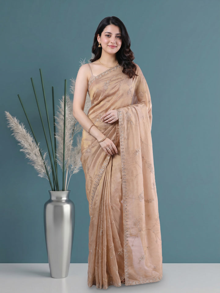 Beige Embroidered Tissue Saree