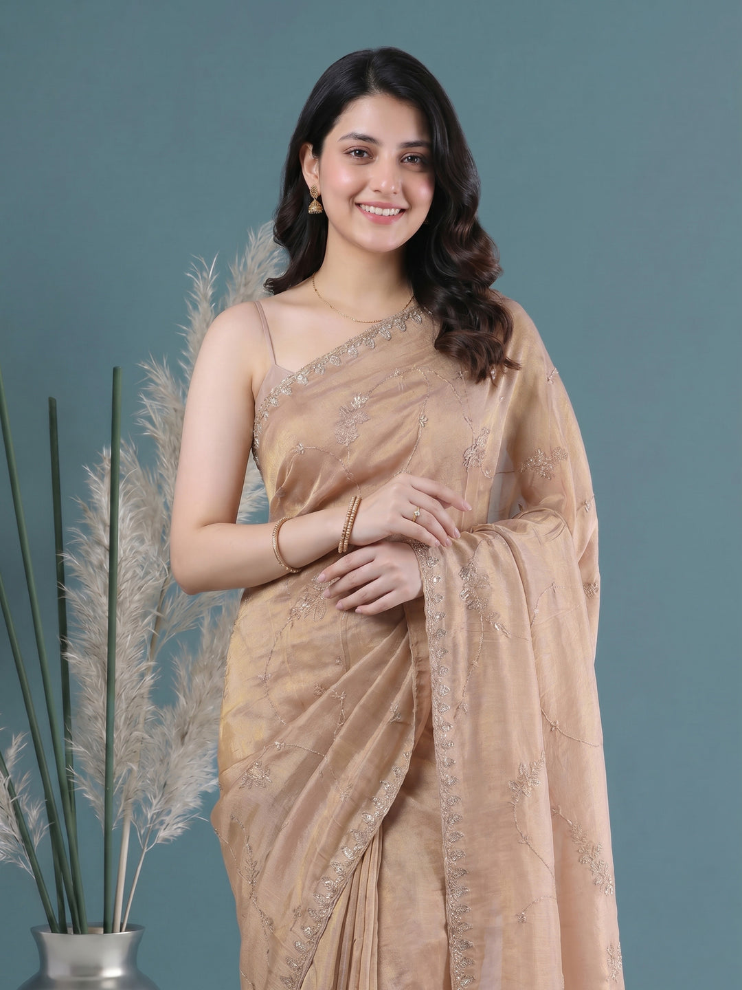 Beige Embroidered Tissue Saree