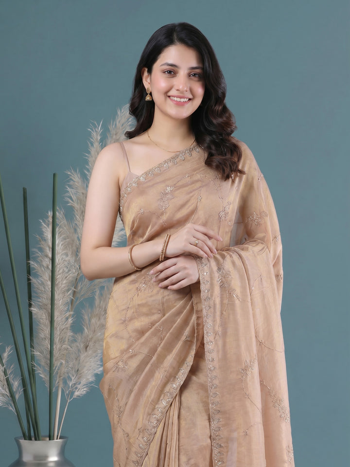Beige Embroidered Tissue Saree