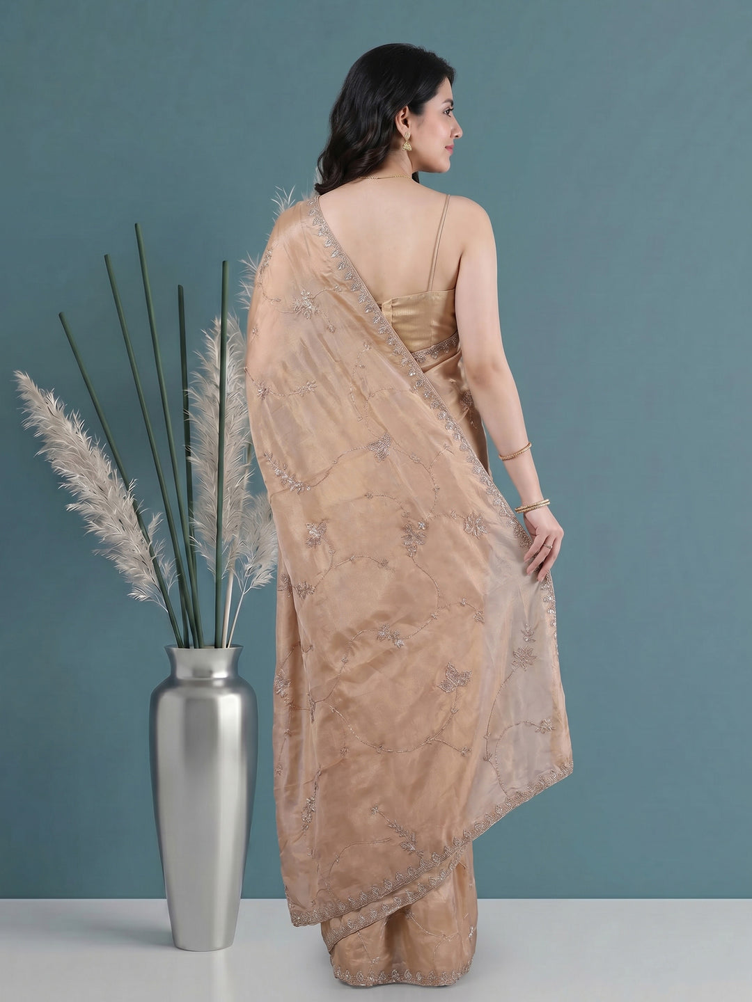 Beige Embroidered Tissue Saree