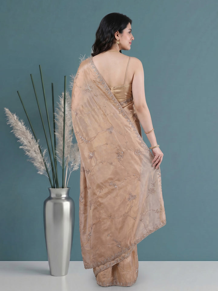 Beige Embroidered Tissue Saree