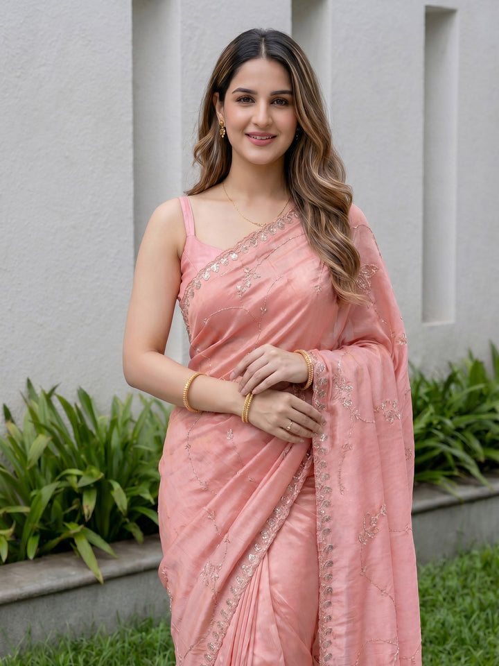 Pink Embroidered Tissue Saree