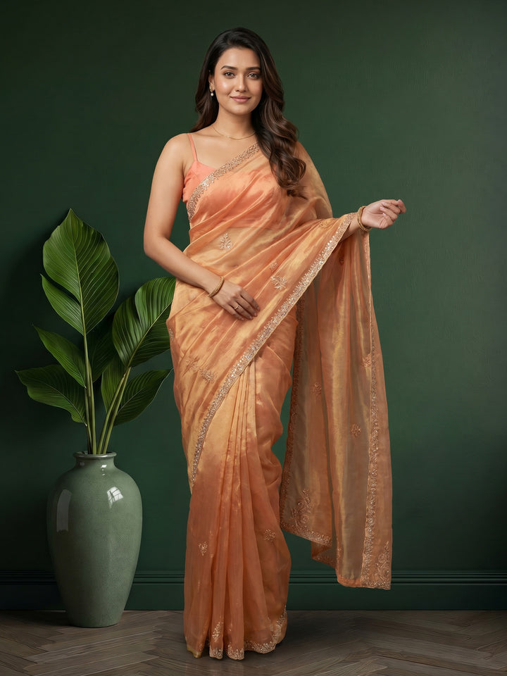 Dusty Pink Embroidered Tissue Saree