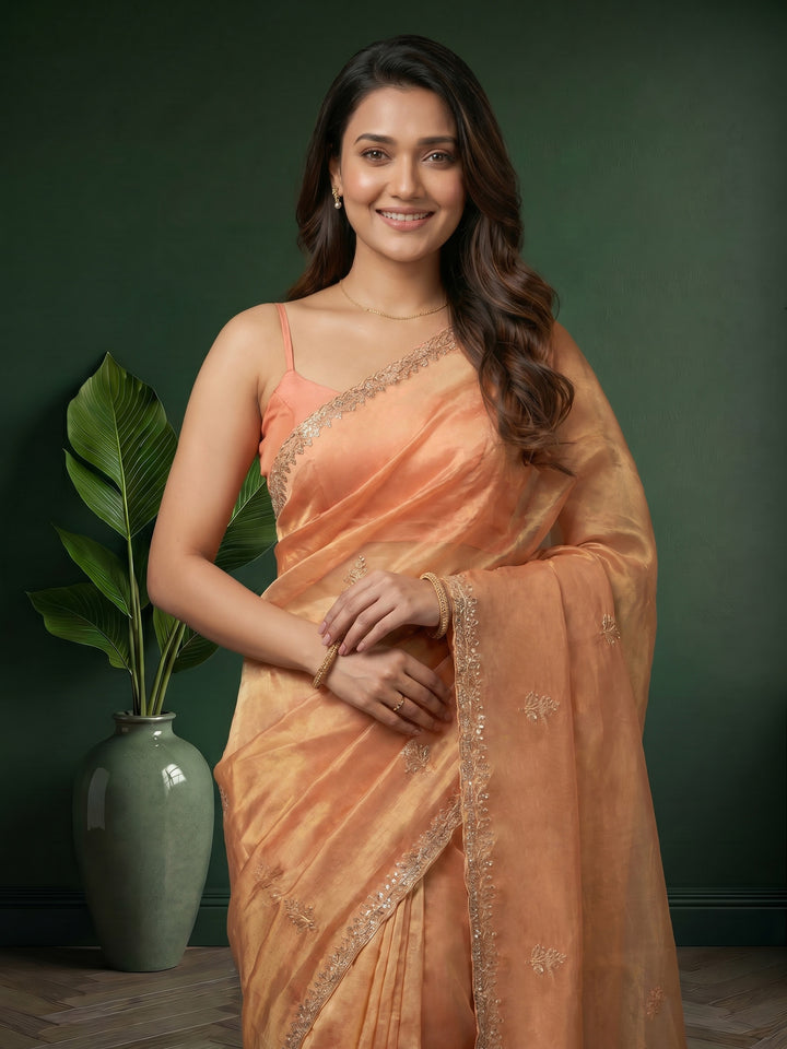 Dusty Pink Embroidered Tissue Saree